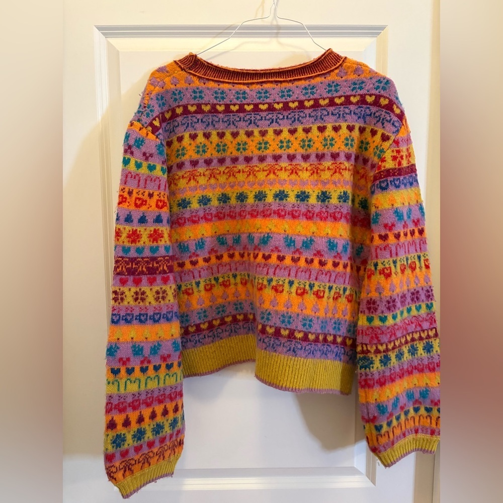Free People Favorite Things Wool Sweater Bright Confetti Jacquard Knit Size L - Picture 15 of 16